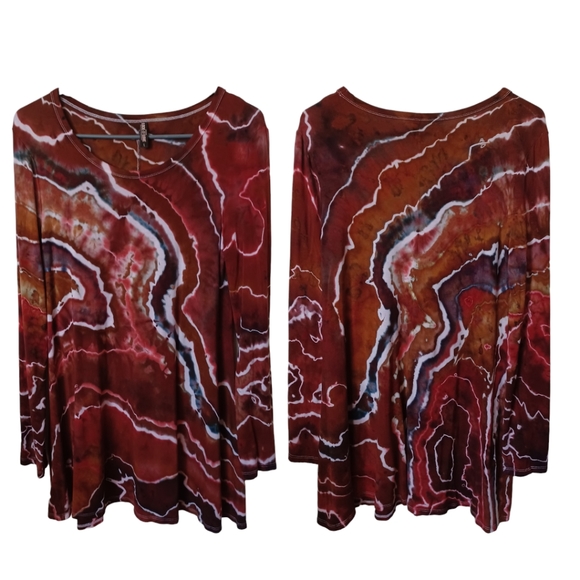 Hand Crafted Tops - ZION Ladies Large Red and Brown Long Sleeve Tie Dye Stretchy Tunic